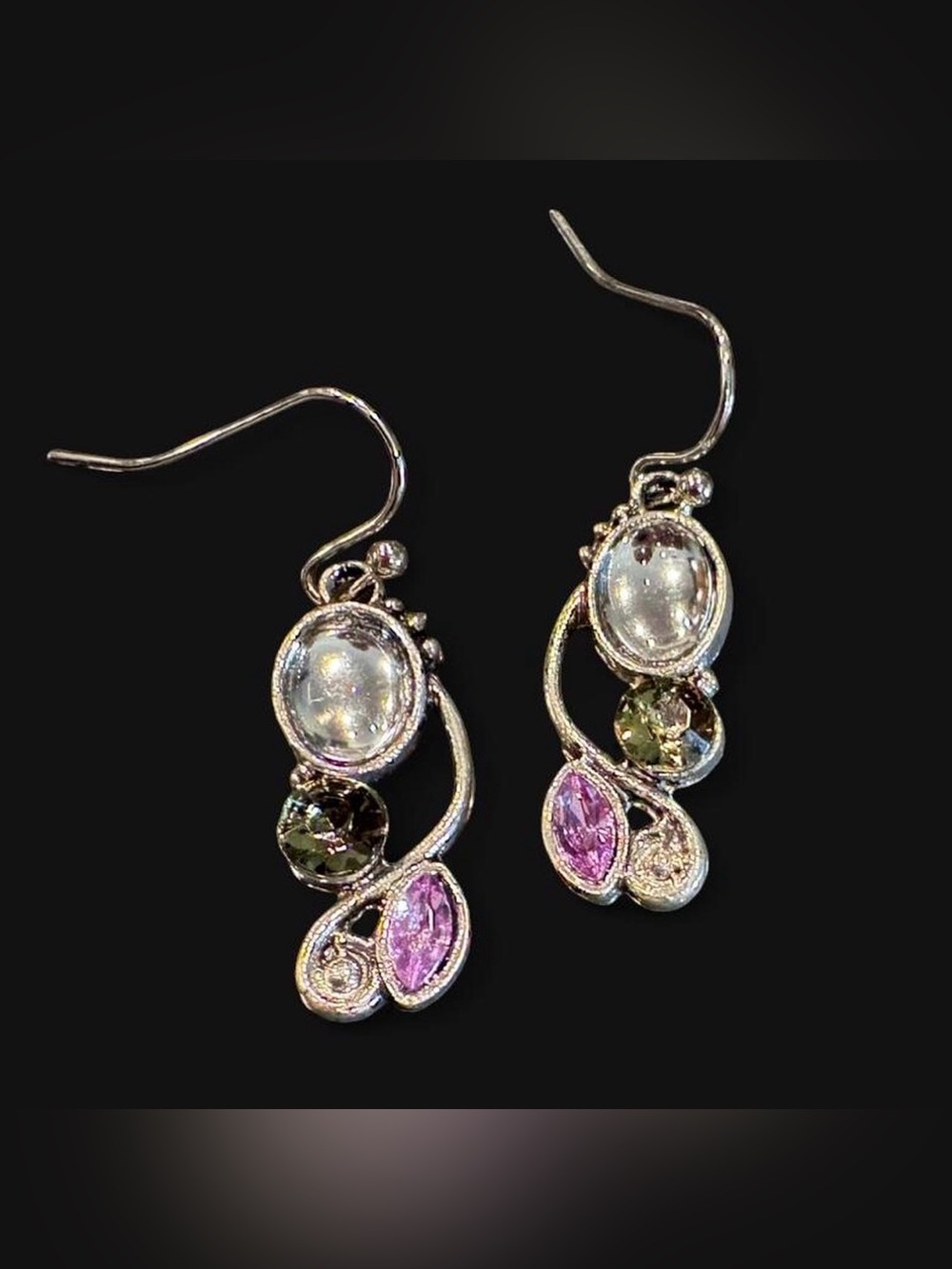 Unique Silver Drop Earrings with Purple and Green Gemstones